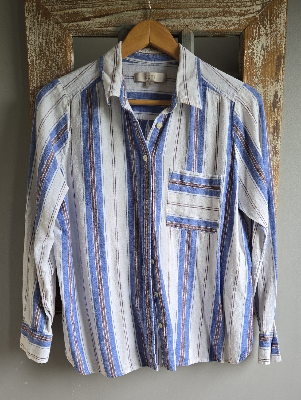 LOFT Striped Button-Down Shirt in Blue, White, Brown